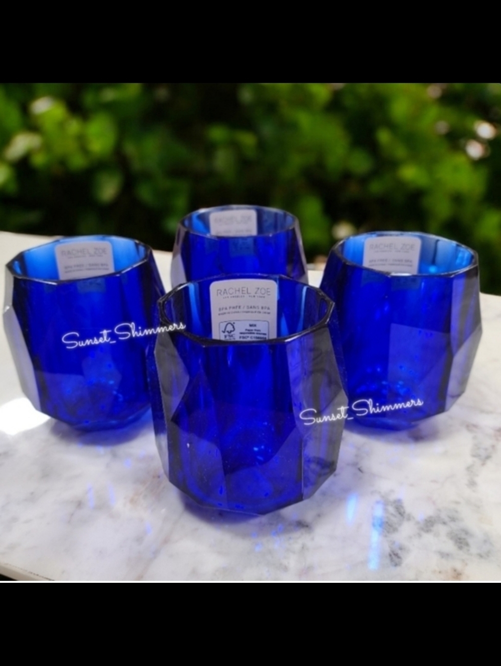 RACHEL ZOE 4pc set Cobalt Blue Acrylic Crystal Tumbler Cup Drink Glasses NEW